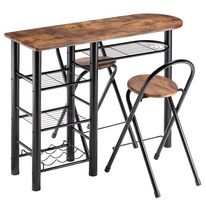 Ensemble table haute de bar et 2 chaises STYLE, décor brun rustique