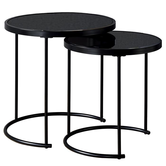 Lot de 2 tables d'appoint gigognes LEYRE, plateau rond en verre noir et cadre en métal noir