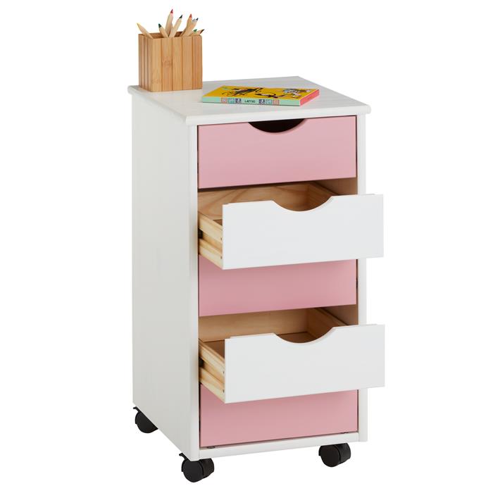 Caisson de bureau sur roulettes LAGOS, avec 5 tiroirs lasuré blanc et rose