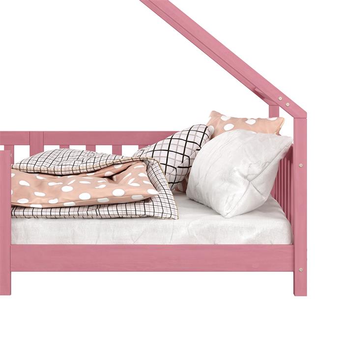 Hausbett CORA in 90 x 200 cm aus massiver Kiefer mit Rausfallschutz in rosa