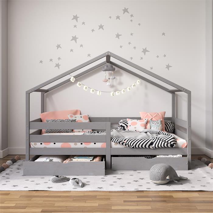 Hausbett ENA 90 x 200 cm mit Rausfallschutz und zwei Schubladen in grau