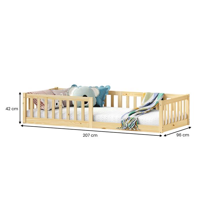 Lit enfant GUSTAVO type Montessori, couchage 90x200 cm, en pin massif naturel