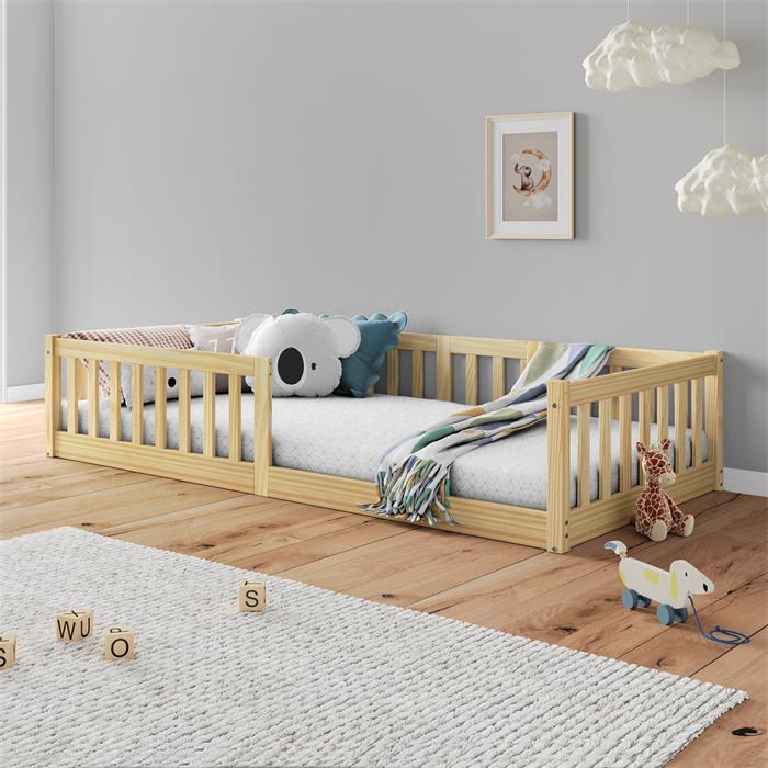 Lit enfant GUSTAVO type Montessori, couchage 90x200 cm, en pin massif naturel