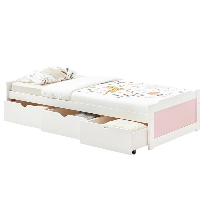 Bett mit Stauraum MIA 90x200 cm, Kiefer in weiß/rosa