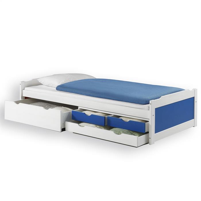 Bett mit Stauraum ANDREA 90 x200 cm aus Kiefer in weiss/blau