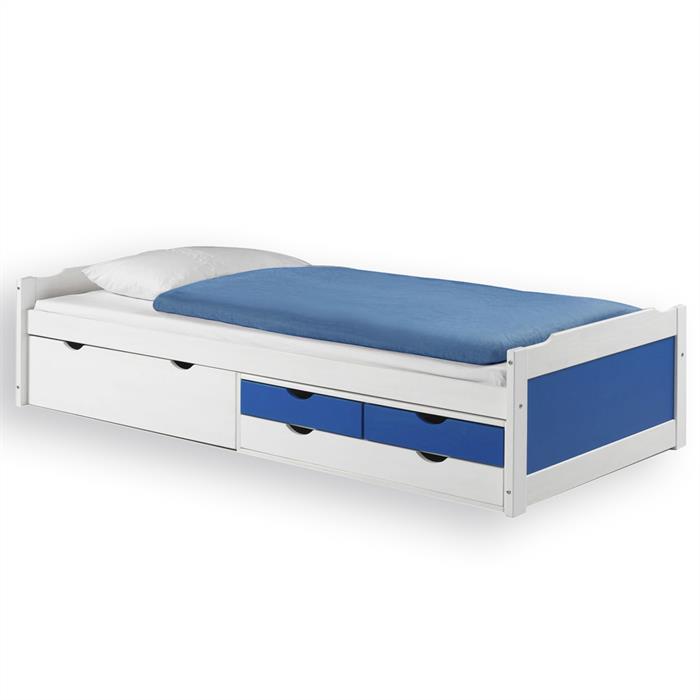 Bett mit Stauraum ANDREA 90 x200 cm aus Kiefer in weiss/blau