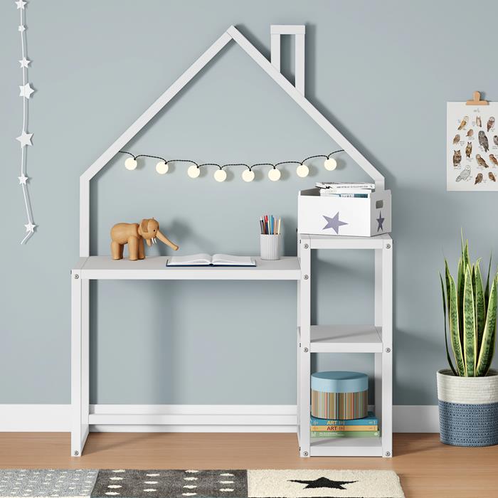 Bureau enfant NIVIA en forme de maison en pin massif lasuré blanc