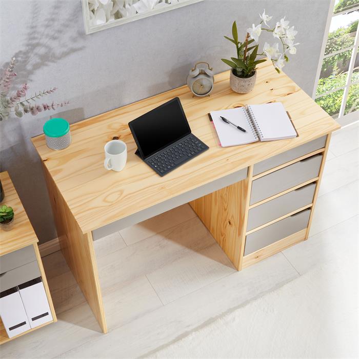 Schreibtisch HUGO in Kiefer massiv in natur/grau mit 5 Schubladen