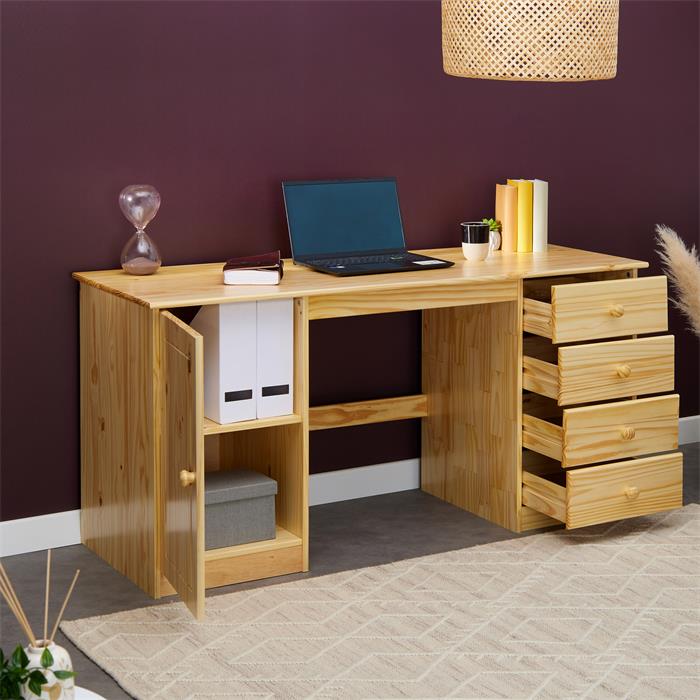 Schreibtisch MANAGER aus Kiefer mit 4 Schubladen, natur