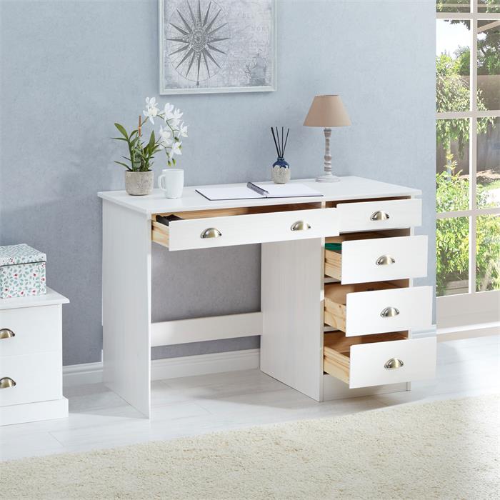 Schreibtisch LANA aus Kiefer in weiß mit 5 Schubladen und Muschelgriffen