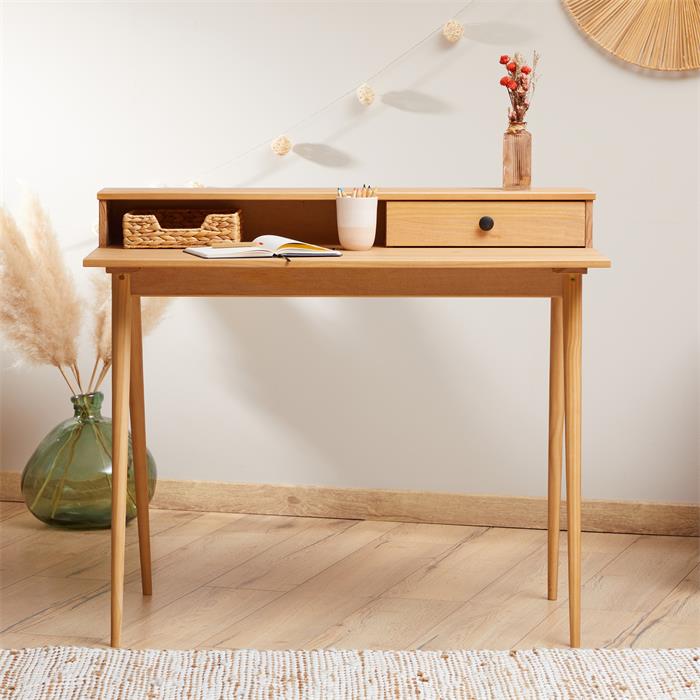 Schreibtisch MALINA mit Aufsatz und Schublade, aus Kiefer in natur