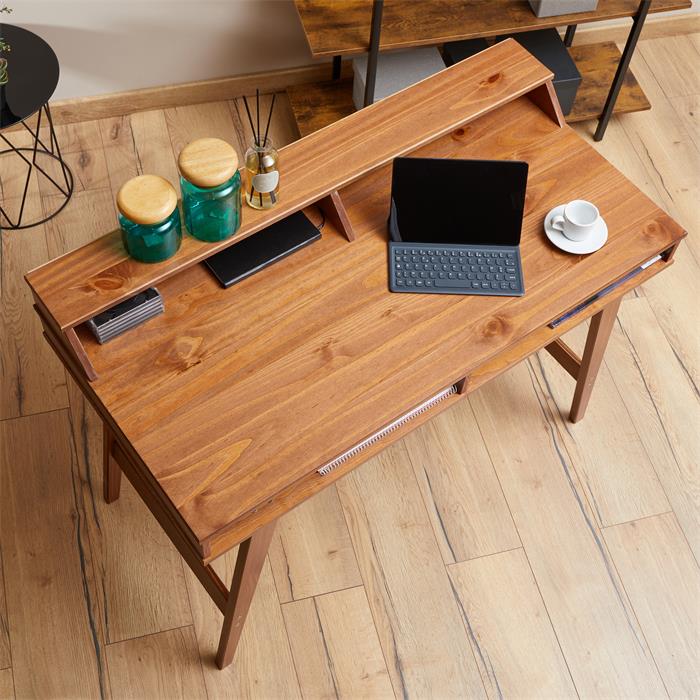 Schreibtisch LUNA mit 2 offenen Fächern, aus Kiefer in kastanienfarben