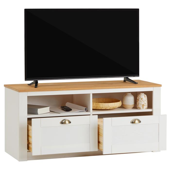 Meuble TV BOLTON 2 tiroirs et 2 niches, en pin massif blanc et brun