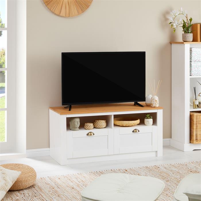 Meuble TV BOLTON 2 tiroirs et 2 niches, en pin massif blanc et brun