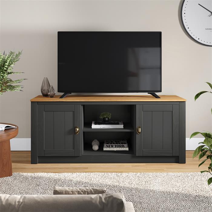 Meuble TV BOLTON 2 portes et 2 niches, en pin massif lasuré gris anthracite et brun