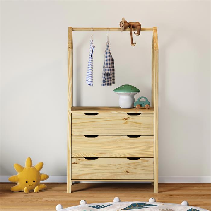 Commode AMIRA type Montessori, avec 3 tiroirs, en pin massif naturel