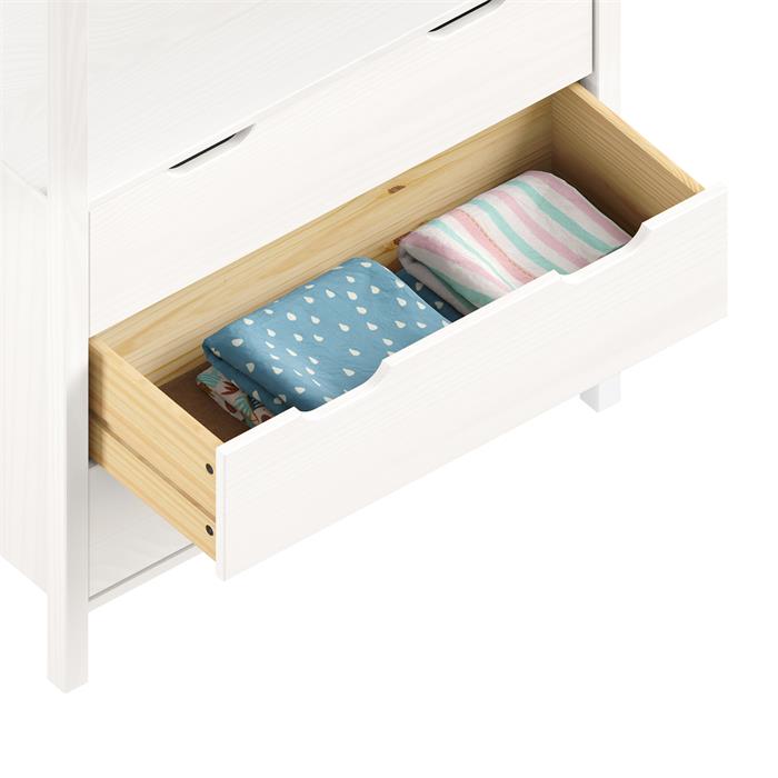 Commode AMIRA type Montessori, avec 3 tiroirs, en pin massif lasuré blanc