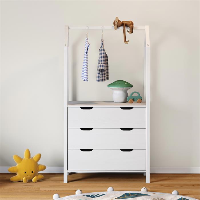 Commode AMIRA type Montessori, avec 3 tiroirs, en pin massif lasuré blanc