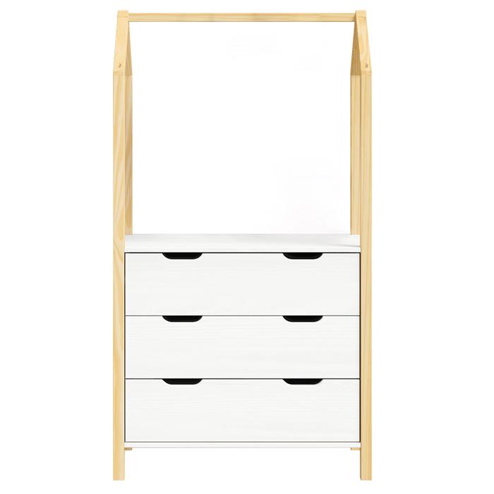 Commode AMIRA type Montessori, avec 3 tiroirs, en pin massif naturel et blanc