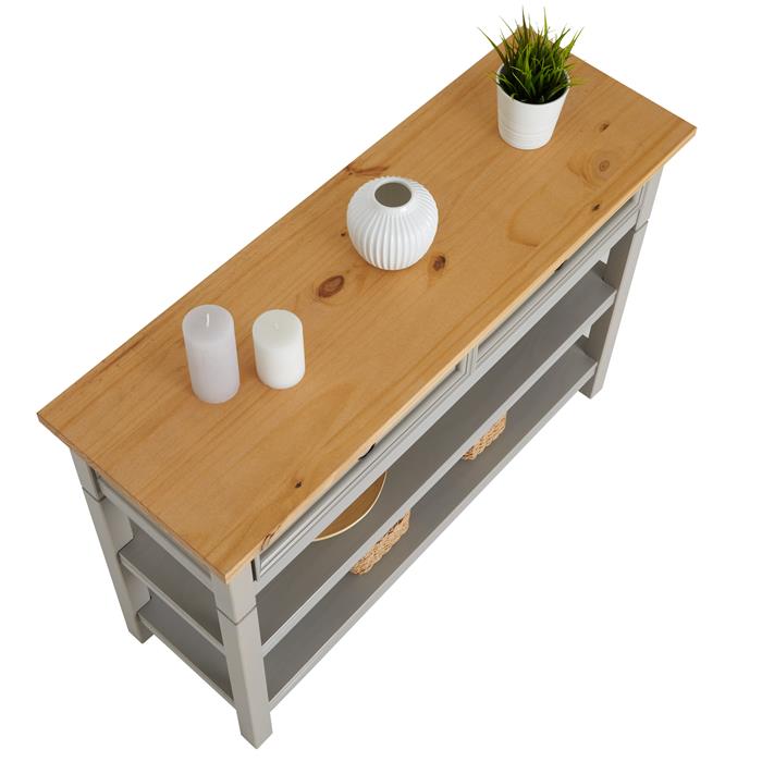 Table console en pin TEQUILA style mexicain, 1 tiroir et 2 étagères, lasuré gris et brun
