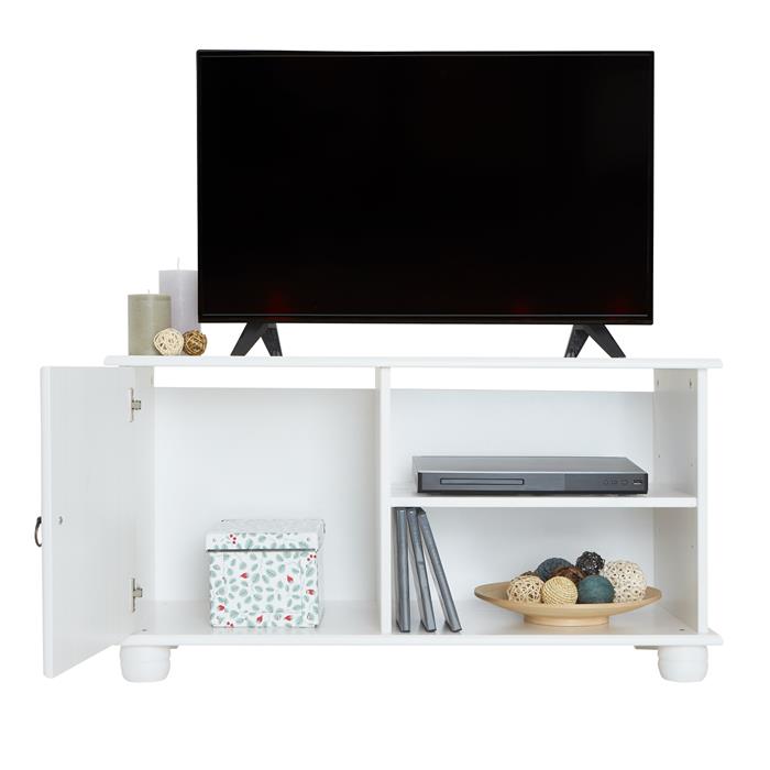 Meuble TV BELFORT, 1 porte et 2 niches, en pin massif lasuré blanc